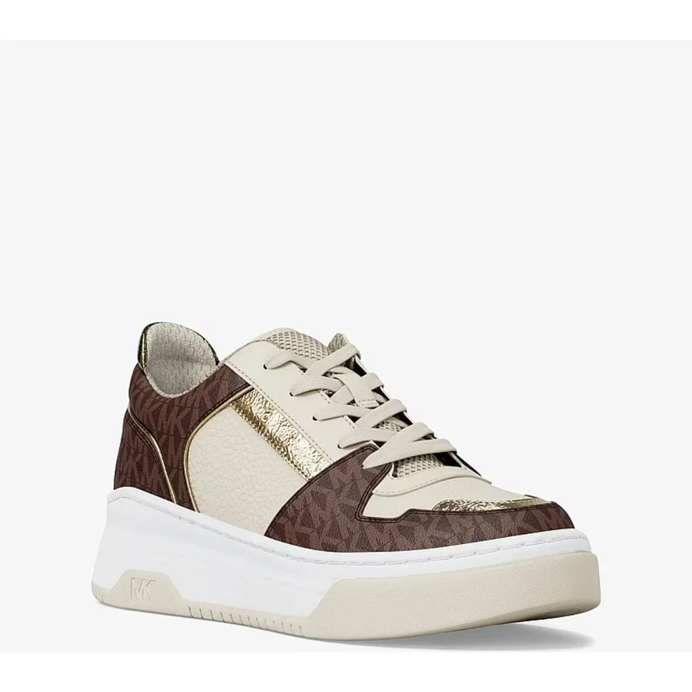 Michael Kors Lexi Women's 9.5 M Brown Sneaker Mixed-Media MK Monogram New In Box - Picture 3 of 10